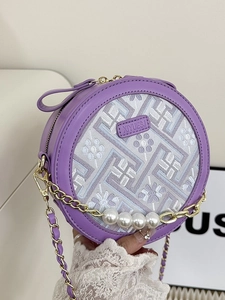 Purple round crossbody bag with traditional floral embroidery and pearl chain strap