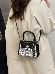 Chic color-block square crossbody bag with landscape print and decorative scarf handle