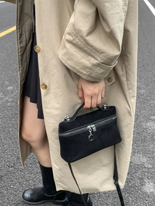 Minimalist black suede small square handbag with top handle and crossbody strap for women