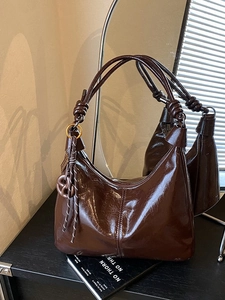 Women Retro Shiny PU Leather Hobo Shoulder Bag With Knot Strap Fashion Large Capacity Tote Underarm Crossbody Bag
