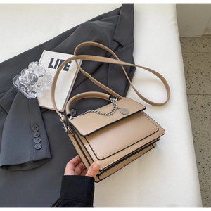 Detail of a beige leather handbag with silver chain and Fashion & Bags text on the flap