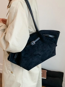 Retro black matte suede tote bag with leather buckle detail and large capacity