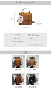 Detail view of frosted PU and suede satchel with doll pendant and adjustable straps