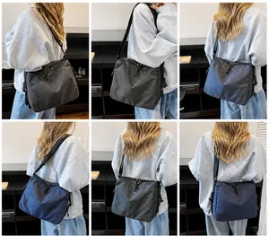Detail shots showing checkered canvas crossbody bags in dark grey and navy blue styles
