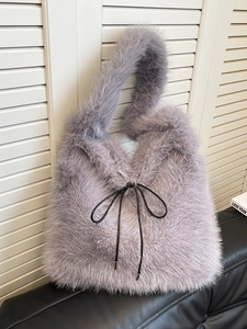 Sac Cabas en Peluche Style Coréen pour Femme en Fausse Fourrure Sac à Épaule Avec Nœud Grande Capacité Sac à Main sous l'Aisselle