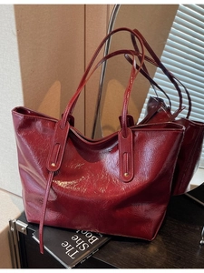 Minimalist large burgundy tote bag in glossy wrinkled faux leather for women