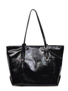 Large black glossy tote bag with pleated texture and long shoulder straps for daily use