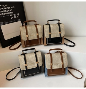 Detail shot of vintage college style dual-use backpacks in four color combinations