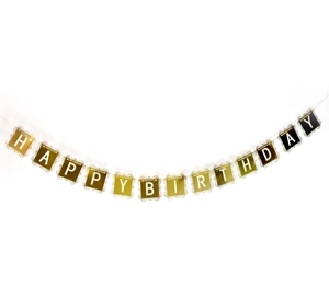 Banderole Happy Birthday dorée et noire avec détails ajourés et finition métallique