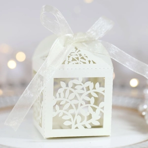 Élégante boîte à dragées blanche découpée au laser avec papier perlé et nœud en ruban