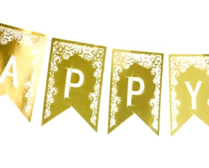 Banderole Happy Birthday dorée avec motifs en dentelle découpés au laser pour fête