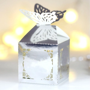 Silver mirror candy box with laser-cut hollow butterfly design for wedding parties