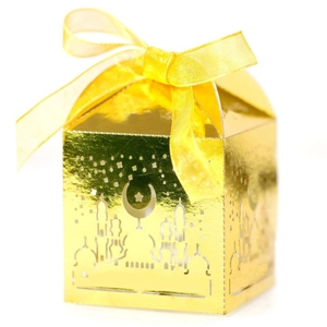 Laser Cut Pearlescent Paper Candy Gift Boxes Mosque Moon Star Patterns Ribbon Bow For Wedding Eid Ramadan Party Elegant