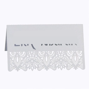 White laser cut lace wedding place card with Enjoy typography on premium pearl paper