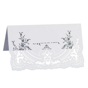 White laser cut lace place card for weddings and events with hollow floral pattern