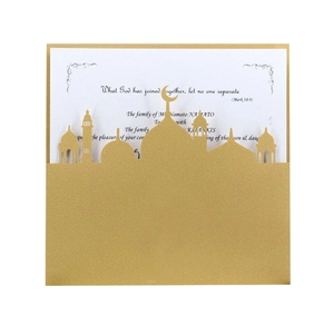 Detail of laser cut gold silhouette invitation cover with white printed inner card