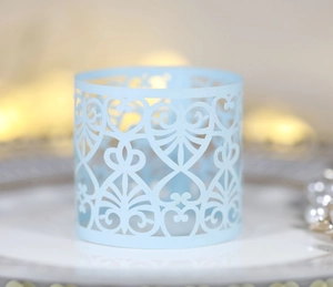 Hollow out light blue paper lampshade for tea lights with elegant heart pattern