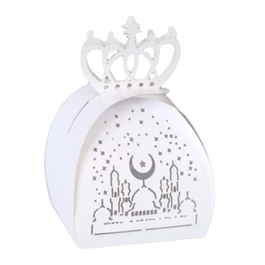 Laser-cut Eid candy box with moon and mosque pattern and crown top decor