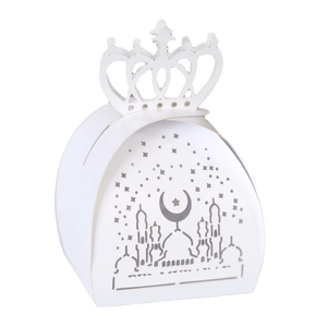 Laser Cut Artificial Pearl Paper Candy Box With Crown Top Moon Star Pattern For Wedding Ramadan Party Hollow Gift Packaging