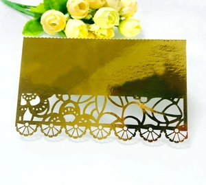 Elegant gold hollow lace wedding place card with floral laser-cut pattern design