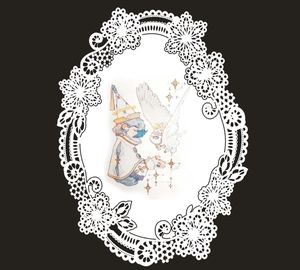 Intricate white lace border wedding card featuring a mystical anime illustration and white owl
