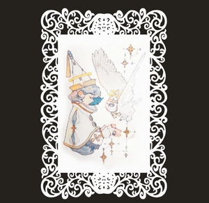 Fantasy character postcard with intricate lace laser-cut paper and gold star details
