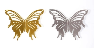Detail of 3D metal butterfly wall stickers in hollowed-out gold and gunmetal finish
