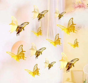 Detailed view of 3D metallic gold hollow butterfly wall stickers in various sizes