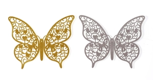 Detailed laser-cut metal 3D butterfly wall stickers with intricate floral and heart patterns