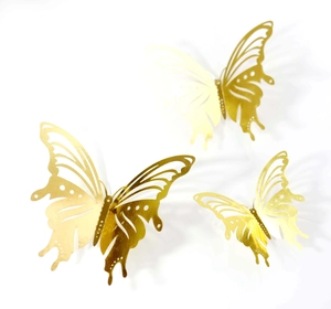 Detail of 3D hollow gold butterfly wall stickers with metallic mirror finish and 3 sizes