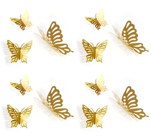 3D metallic gold butterfly wall stickers with intricate hollow patterns for home decor