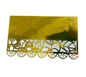 Elegant gold laser cut lace wedding place card with intricate floral border on white base