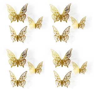 Set of 12 hollow 3D gold butterfly wall stickers with metallic texture for party decor