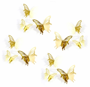 Detailed view of 3D gold metallic butterfly wall stickers with intricate hollow patterns