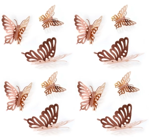Detailed macro view of 3D hollow rose gold butterfly wall stickers with laser-cut patterns