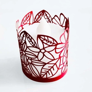 Red laser-cut floral paper tea light holder with white LED electronic candle lamp
