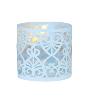 Light blue hollow heart metal napkin ring with elegant cutout pattern and matte finish