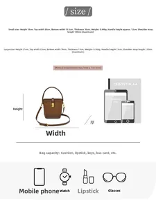Detailed size comparison chart for vintage quilted bucket bag with capacity icons