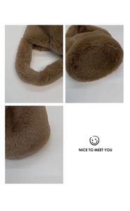 Close-up of the soft plush brown bucket bag showing fuzzy texture and round base details