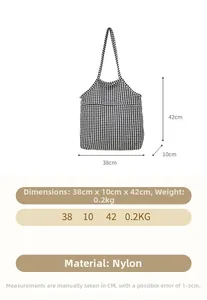 Detailed size specifications for large black and white houndstooth nylon tote bag