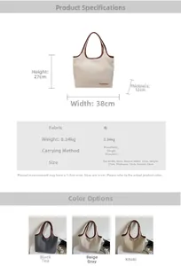 Detailed size parameters and color options for the large canvas tote shoulder bag