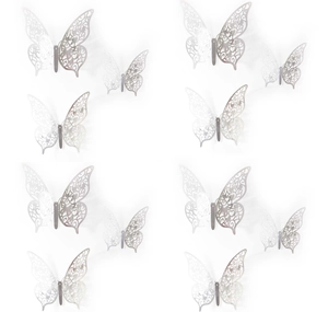 Detail of silver 3D butterfly wall stickers with intricate metallic floral hollow-out patterns