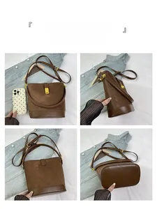 Detailed views of brown suede bucket bag with quilted stitching and gold hardware