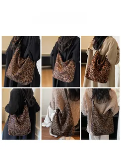 Detail view of large leopard print hobo bag worn with different seasonal outfits