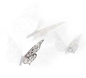 Macro view of 3D silver butterfly wall stickers with intricate镂空 filigree patterns