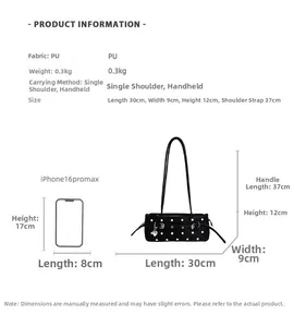 Polka dot shoulder bag dimensions and PU material specifications with size comparison