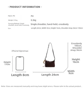 Size chart for brown PU crossbody bag showing dimensions and phone capacity comparison