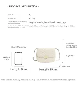 Größentabelle für beige Kettentasche mit Maßen und iPhone 16 Pro Max Größenvergleich