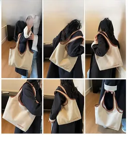 Collage of model carrying a beige canvas tote bag with brown leather trim in various poses