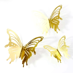 Golden 3D metallic butterfly wall stickers with intricate hollow design in three sizes